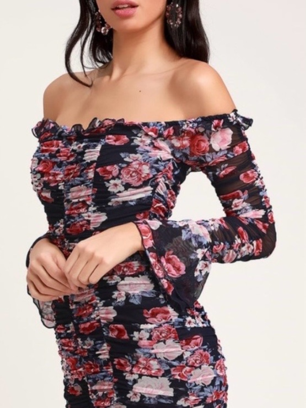 Lulu's Navy Off-Shoulder Ruched Mini Dress with Pink Floral Print